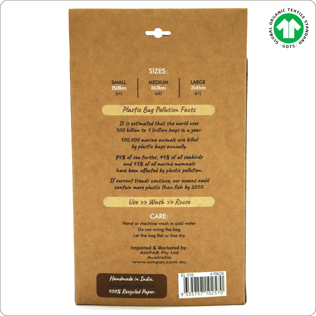 Organic Cotton Reusable Produce bags 4 Pack