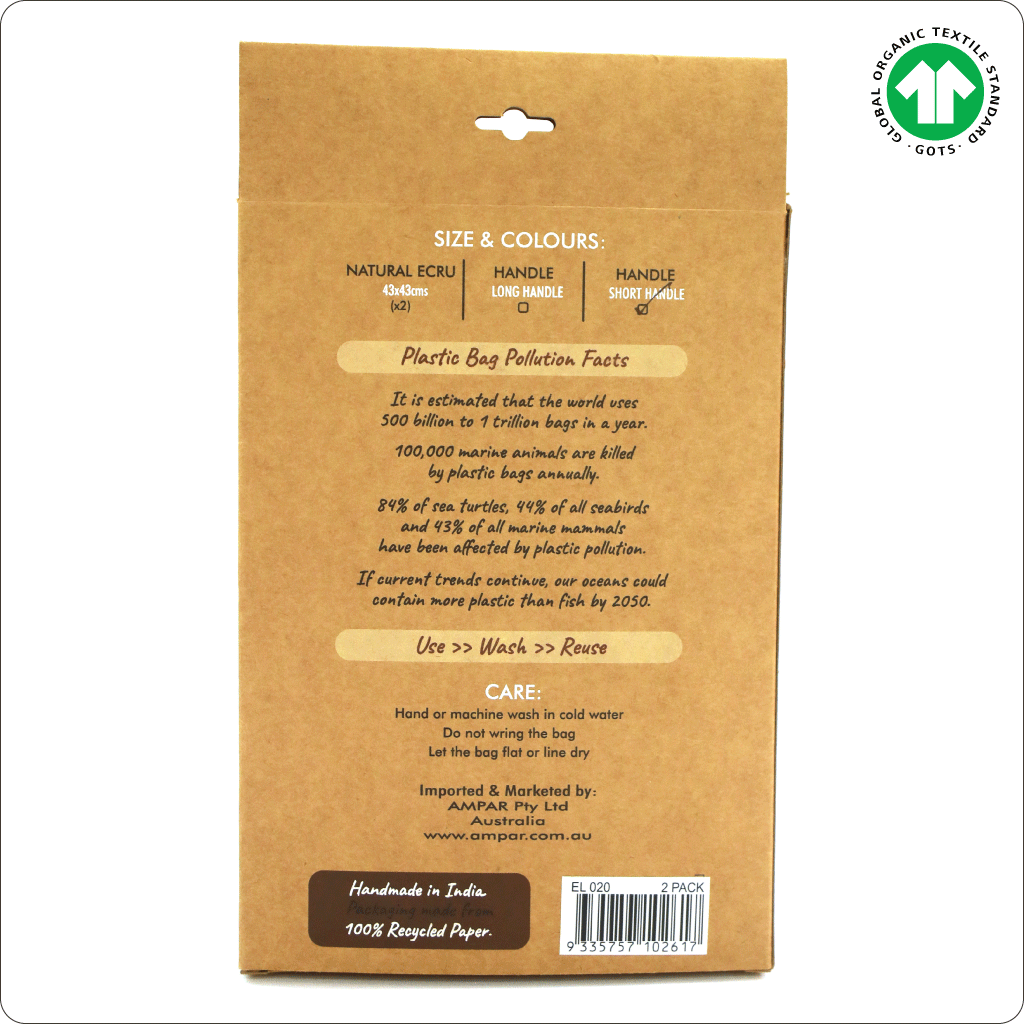 Organic Cotton Reusable Grocery bags (Short Handle)