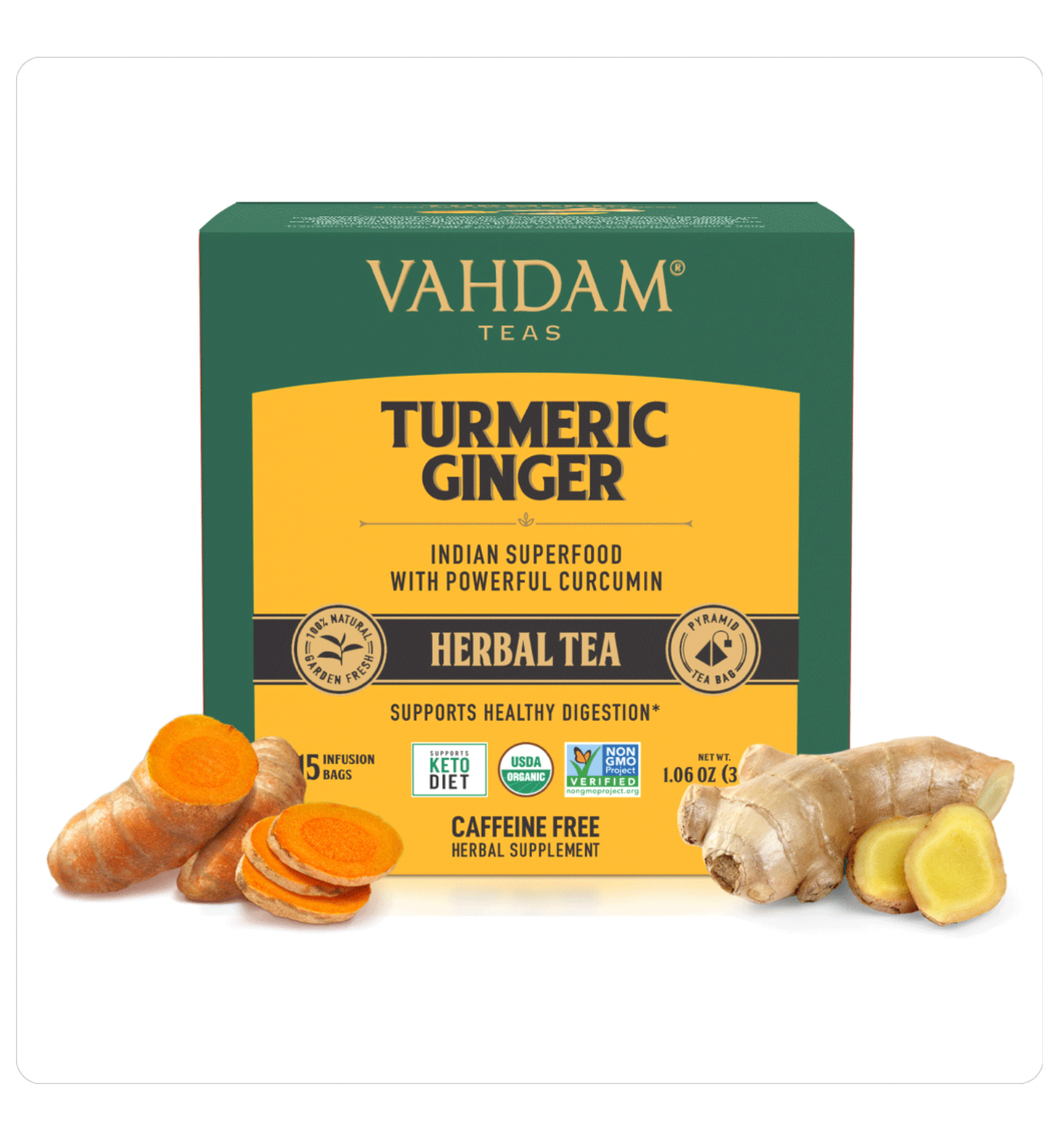 Tumeric Ginger Herbal Tea caffeine free support healthy digestion. Tea bags of Indian superfood with powerful curcumin 