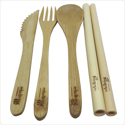 Bamboo Cutlery Kit and 2 Straws set - 5 Pack